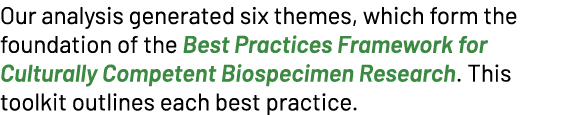 Our analysis generated six themes, which form the foundation of the Best Practices Framework for Culturally Competent...